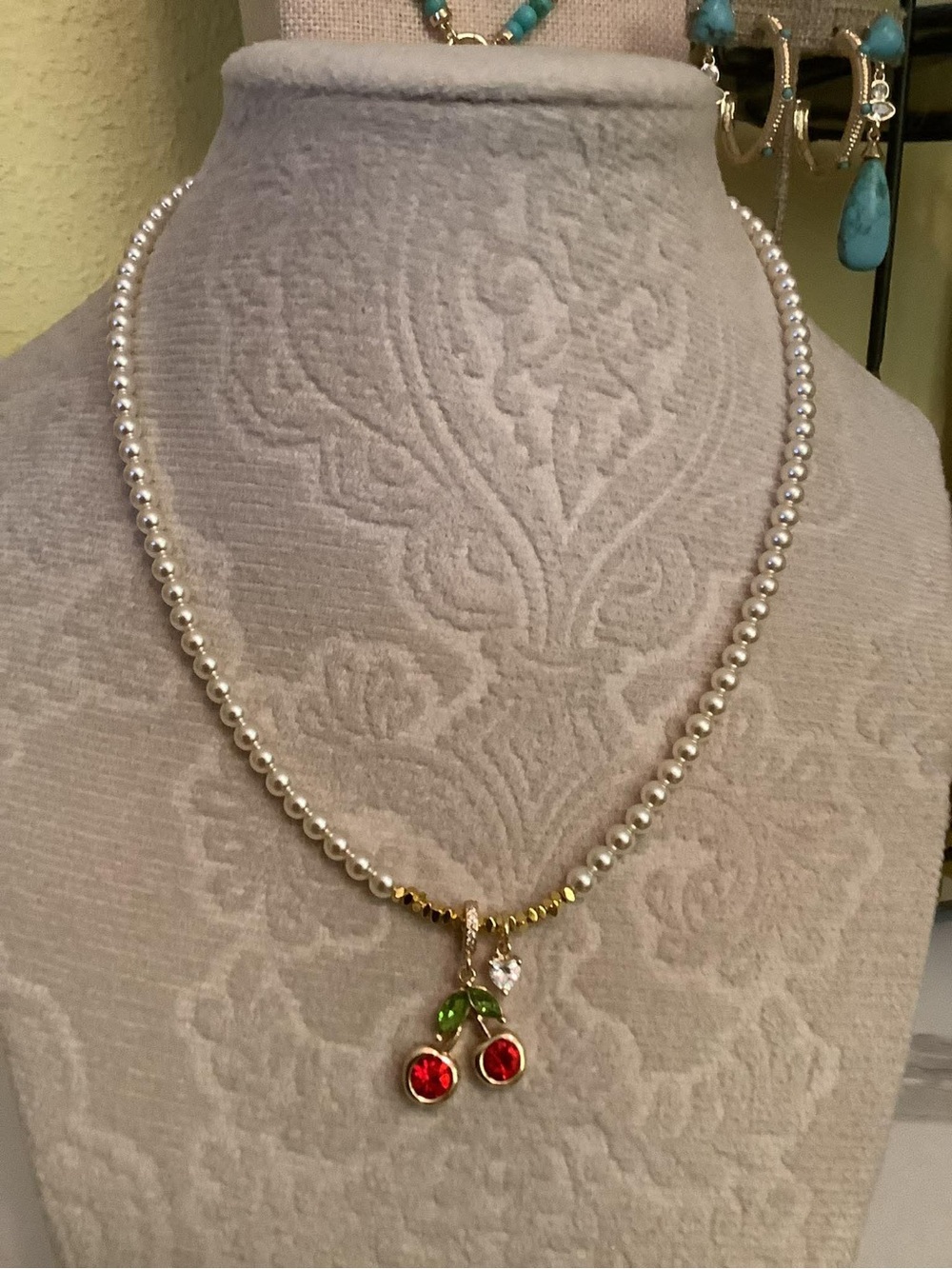 Park Lane Pearl Necklace with Red Cherry Pendant & CZ Heart Charm, 16”+3”, NWT